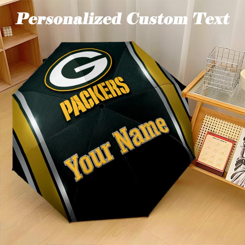 Green Bay Packers Automatic 8‑ribs Umbrella, Custom Name Text Personalized Folding Umbrella Rain Sun Gift