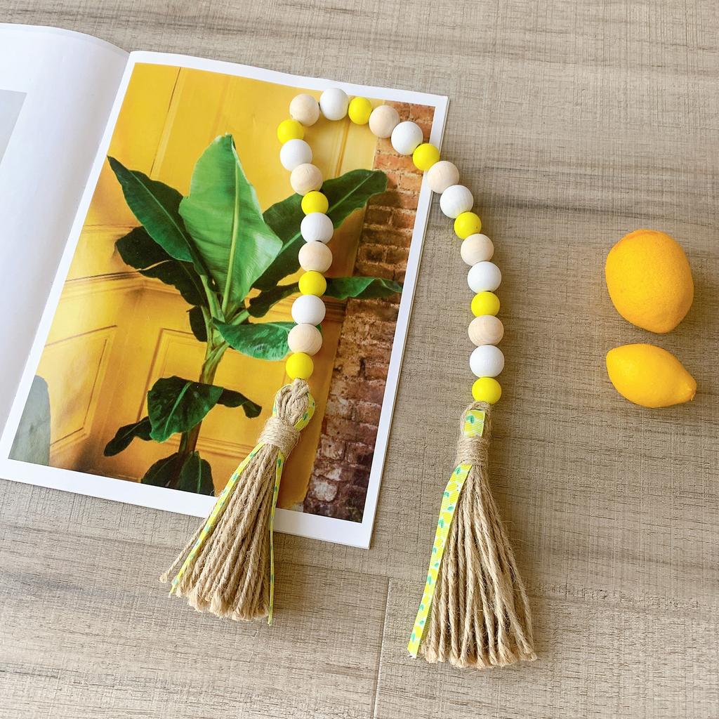 Wood Bead Garland With Lemon Pendant Farmhouse Rustic Country Wall Decoration Boho Tassel Woven Tassel Wall Hanging Ornaments