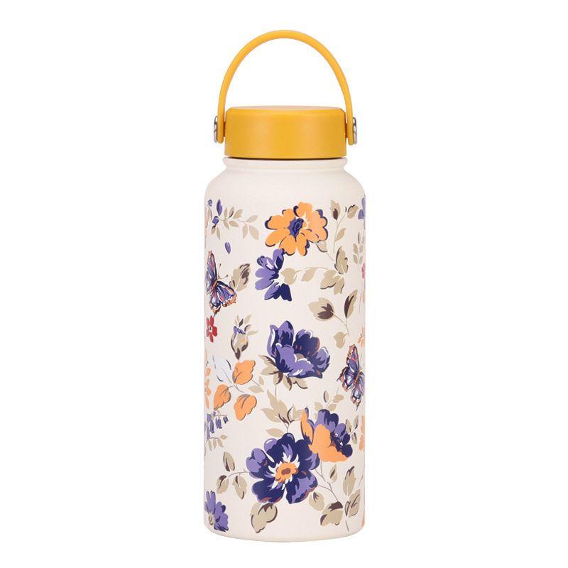 2025 New Model 1L Large Capacity Thermos Cup with Wide Mouth, Portable Handle, Sports Water Bottle, Outdoor Printed Water Cup for Women