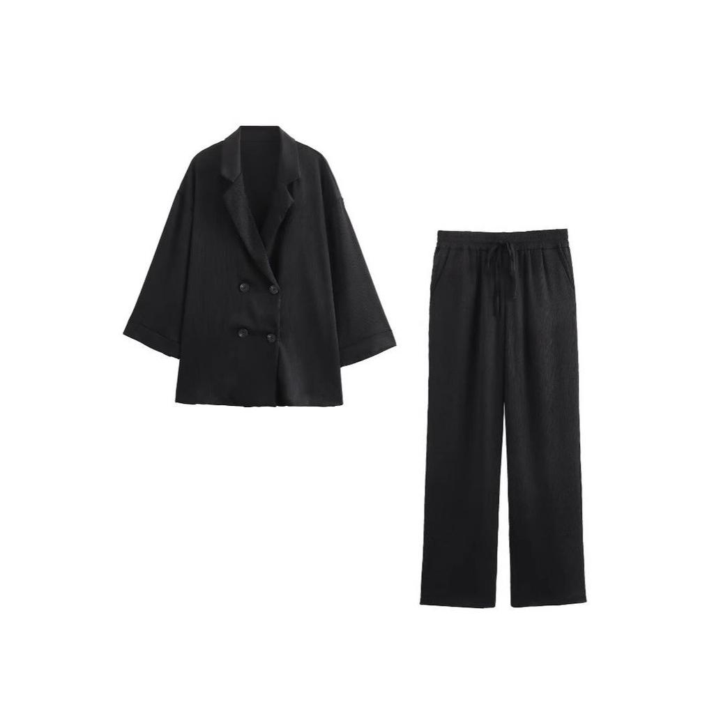 Women's Casual Crinkle Double-Breasted Blazer + High-Waisted Long Pants