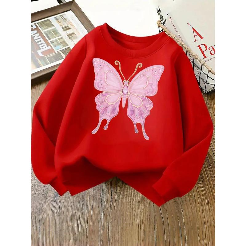 European Sizes Pink Butterfly Crystal Wings Jewelry Girls' Fashionable Crewneck Sweatshirt, Western Top, Children's Long Sleeved Casual T-Shirt