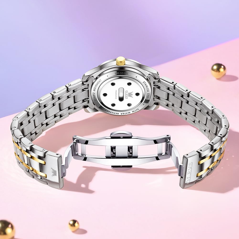 OLEVS Damen Duftquarzuhr mit Metallarmband, Wasserdicht, Leuchtend, Datumsanzeige, Diamanten, Lässig und Stilvoll, Gold & Blau