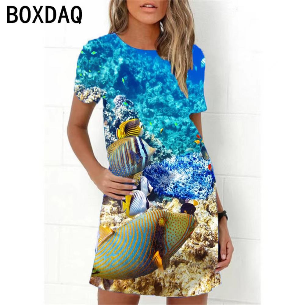 Ocean World 3D Print Dress Women New 2026 Summer Short Sleeve Cartoon Fish A-Line Dress Oversized Loose Casual Ladies Dress