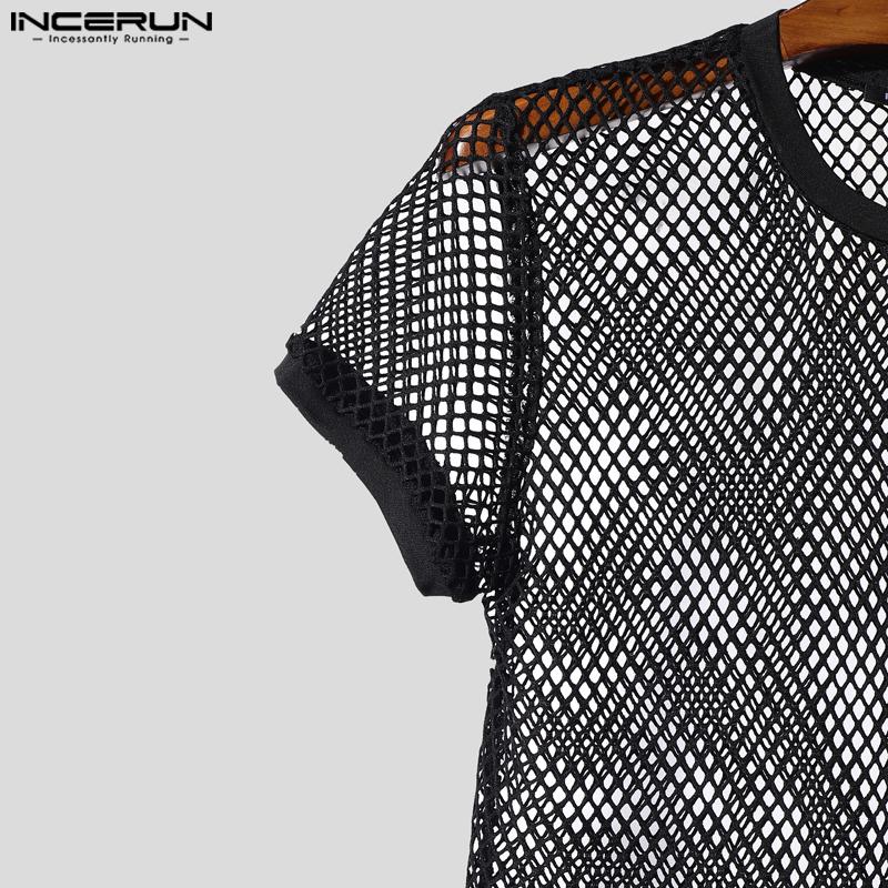 INCERUN Men O Neck Short Sleeve Side Bandage Mesh Sheer Fitted Cropped T-shirts