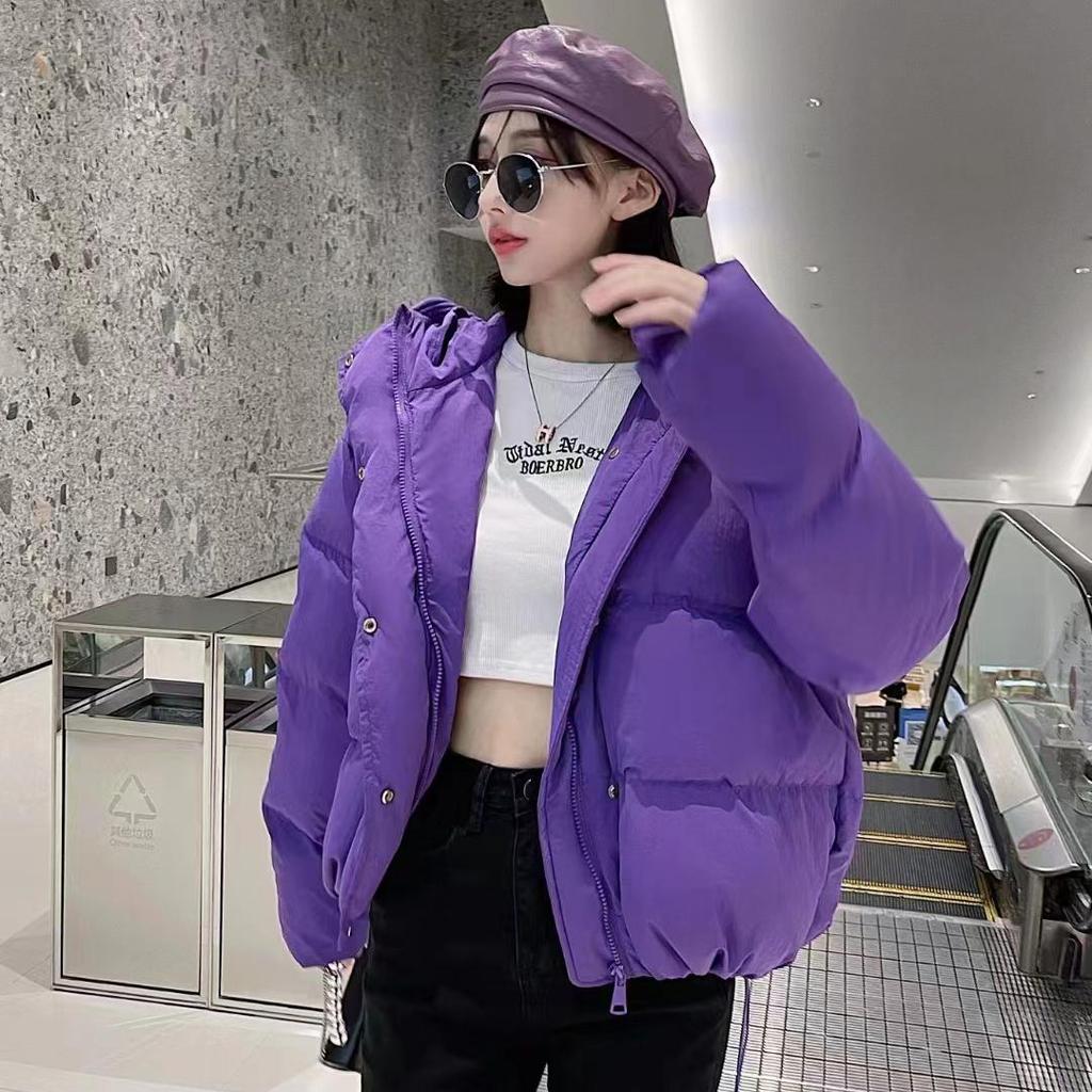 Women's Short Light Down Jacket Autumn Winter Hooded Single Breasted Loose White Duck Down Coat Pocket Stand Collar Solid Color