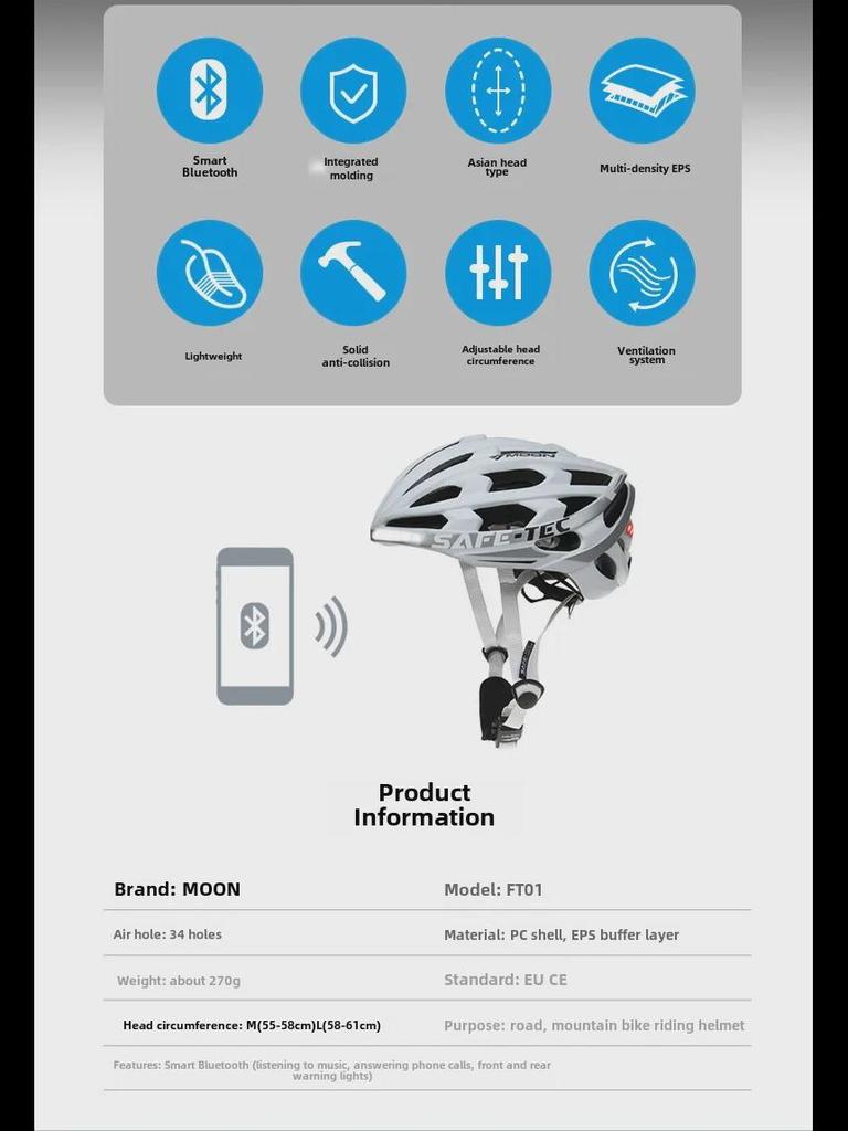 MOON Smart Bluetooth LED Cycling Helmet, Breathable Unisex Road & Mountain Bike Helmet