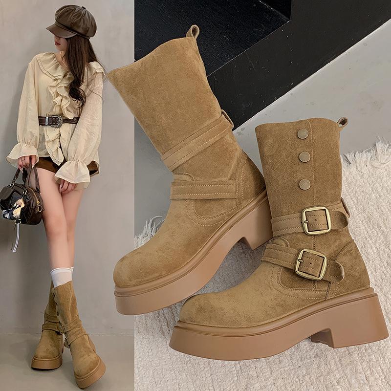 [Fanfna] The belt buckle is folded and two short boots are worn. Women's 2025 autumn new thin leg western straight knight boots