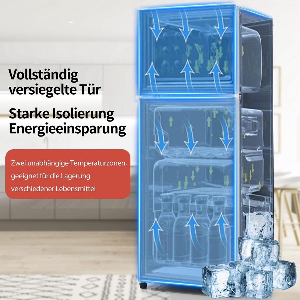 92L Doppeltür Kühlschrank mit 28L Gefrierfach, 45dB, LED, Glasablagen, Gemüsefach, Türablagen, Rot, ideal für Küche/Wohnzimmer/Büro