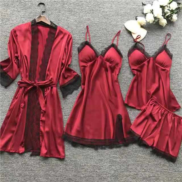 Plus Size Women's Summer Lace Pajama Set with Bra Pads - 4-Piece