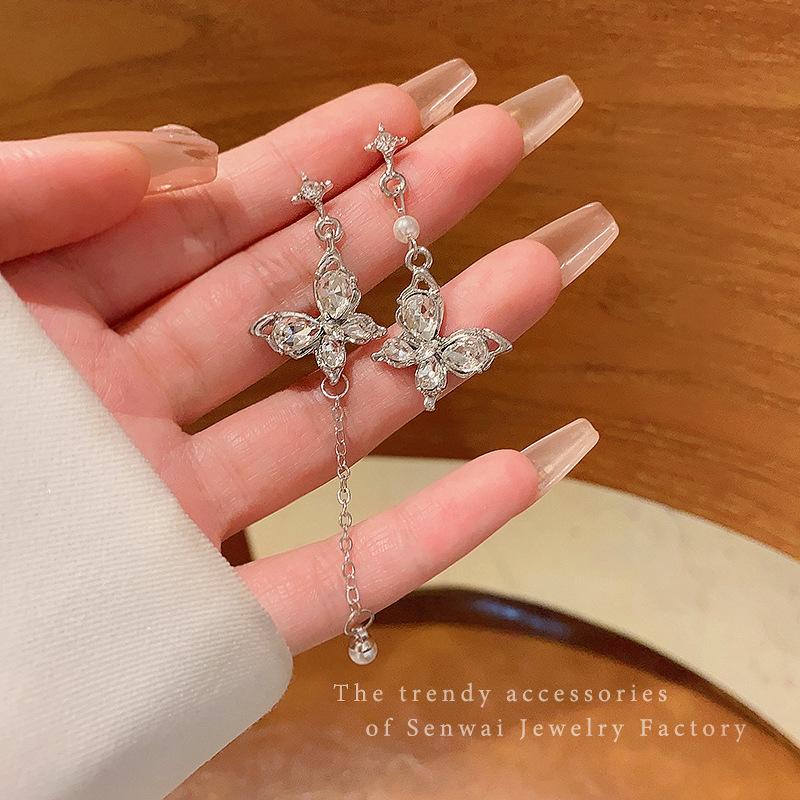 Silver Needle Flash Diamond Butterfly Tassel Earrings Women's Asymmetrical Long Earrings Korean Light Luxury Ear Jewelry