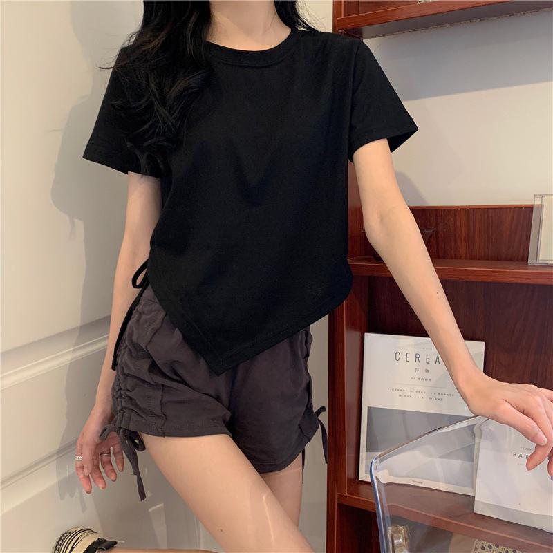 

2024 Women s Summer Korean Style Crop Top: Irregular Drawstring Short Sleeve T-shirt Medium чорний