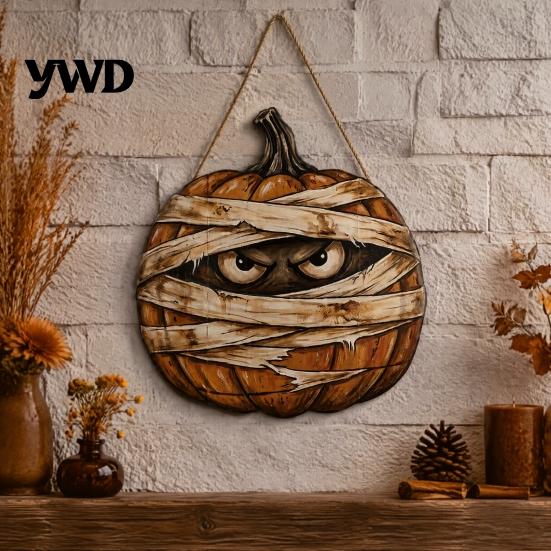 Autumn Theme Room Furnishings Halloween Mummy Pumpkin Hanging Sign, Retro Wooden Pendant with Decorative Party Sign Hemp Rope for Front Door