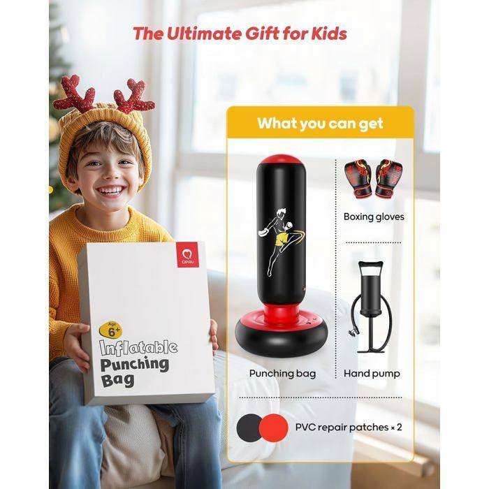 QPAU Sac de Frappe Gonflable 66" Enfants + Gants, Cadeau Idéal 6-12 Ans, Parfait pour Boxe & Karaté