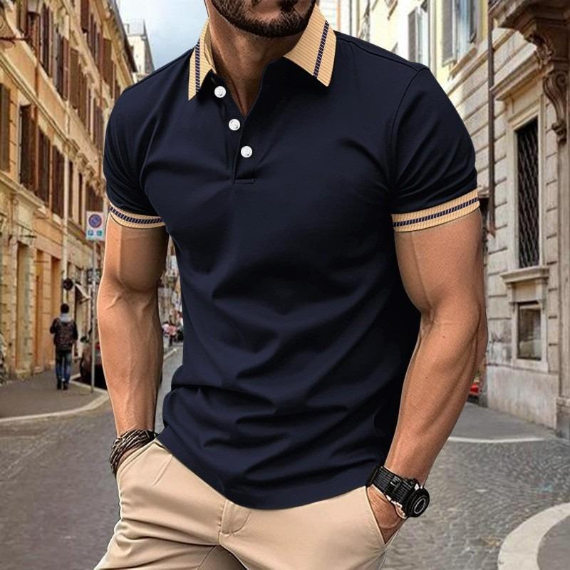 Men's Short Sleeve Polo Shirt, Contrast Trim Collar & Cuffs, Stylish Casual Top