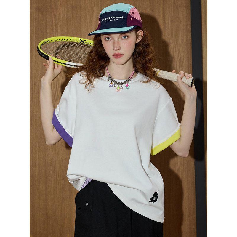 Coolhut Color-Blocked Loose Design Embroidered Top 2025 Women's T-Shirt Short-Sleeved Loose Round Neck Drop Shoulder