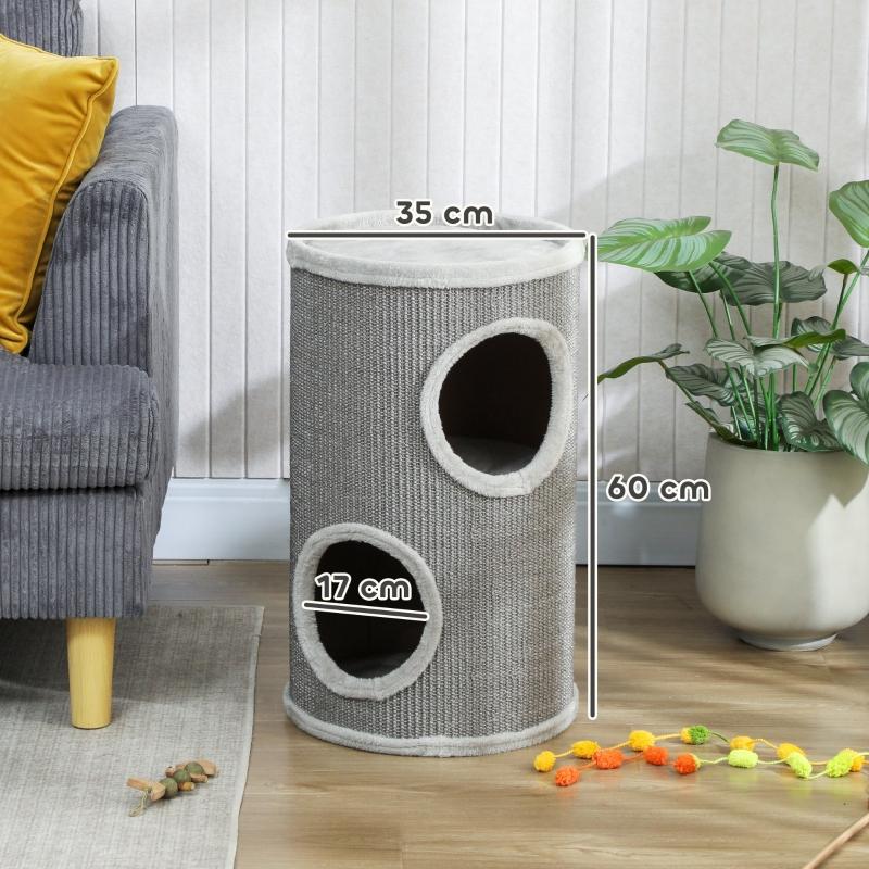 Scratching barrel, 60 cm high, Ø 35 cm, two-story cat barrel with 2 caves, plush rim, for 1-2 cats up to 5 kg, light grey