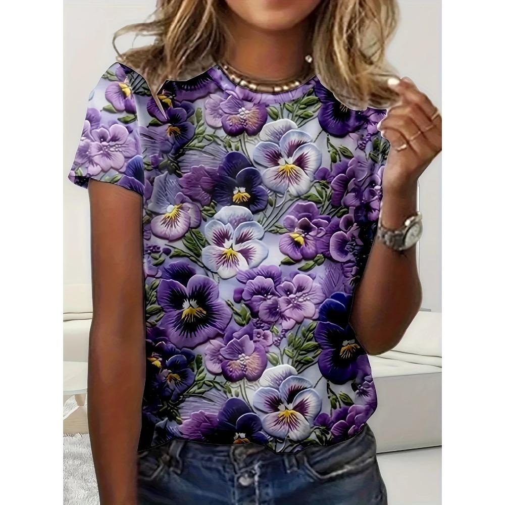 Elegant and Stylish Women's T-shirt with Colorful Roses and a Round Neckline, a Versatile and Refreshing Y2K-style Top for Summer