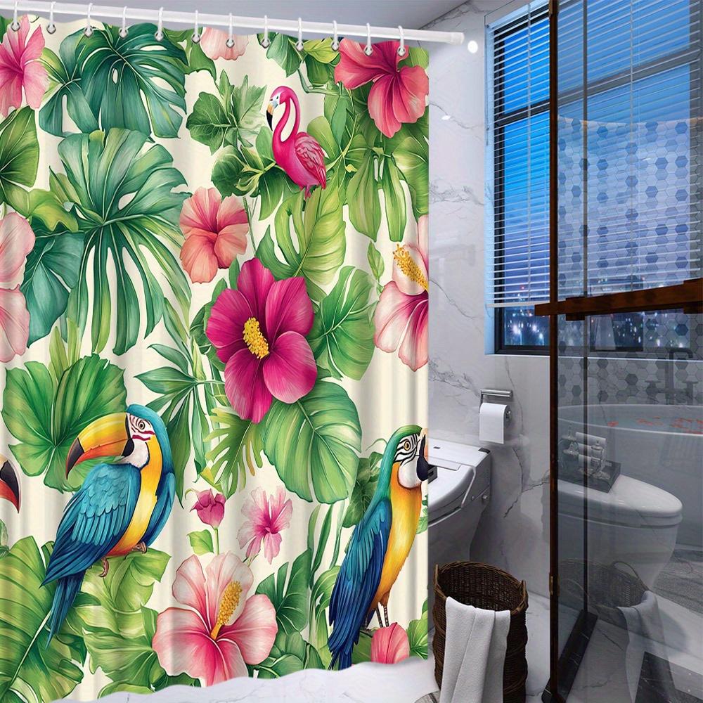 1 Stück Tropischer Dschungel Duschvorhang - Üppig Grüne Blätter, Rosa Hibiskusblüten, Farbenfrohe Tukane und Flamingos, Polyesterstoff