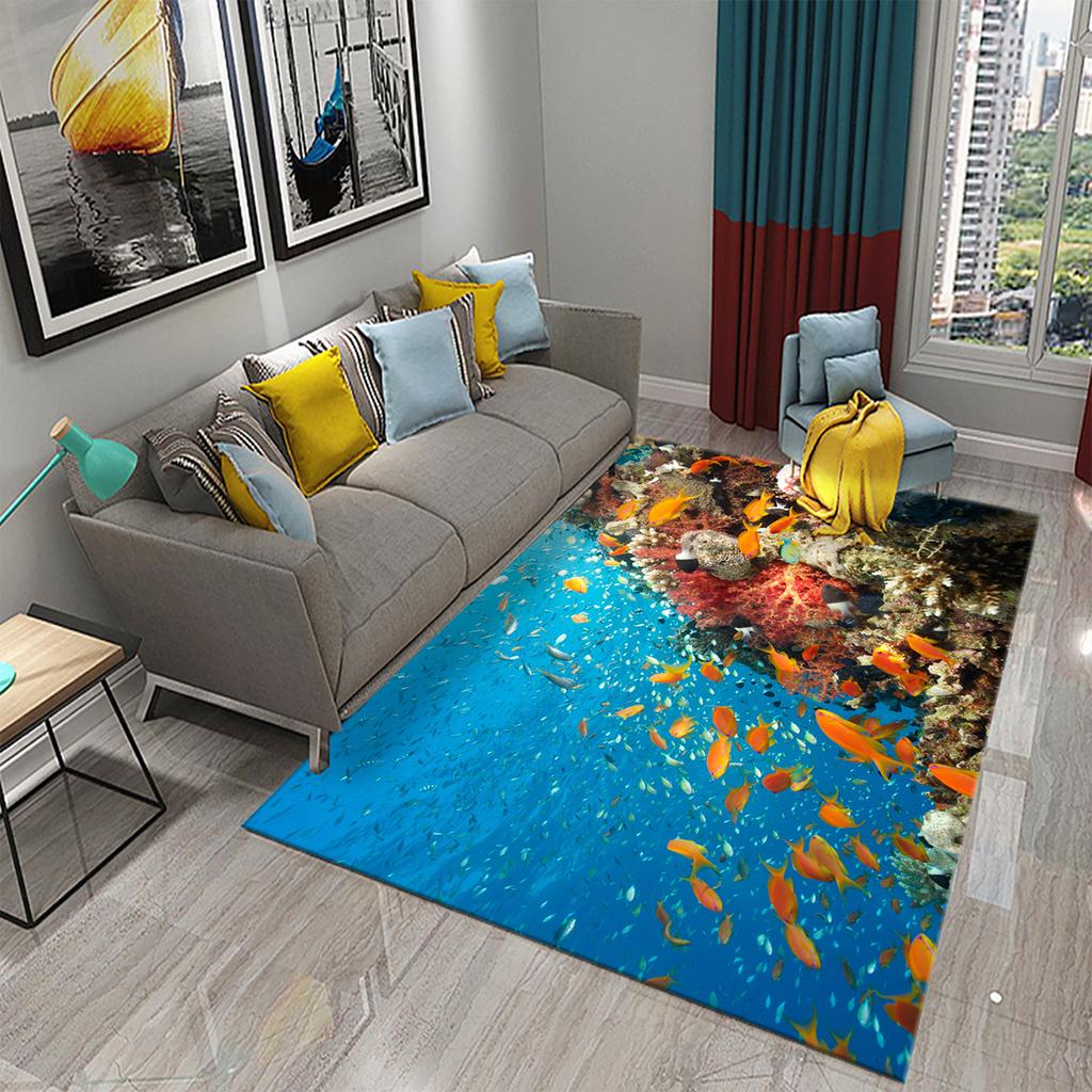 Underwater World Ocean Theme Carpet Cute Dolphin Octopus Sea Turtle Pattern Anti-slip Floor Mat for Living Room Bedroom Bathroom