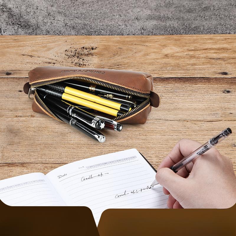 Retro Leather Pencil Case Handmade Zipper Simple Student Stationery Storage Bag Square Ballpoint Pen Case
