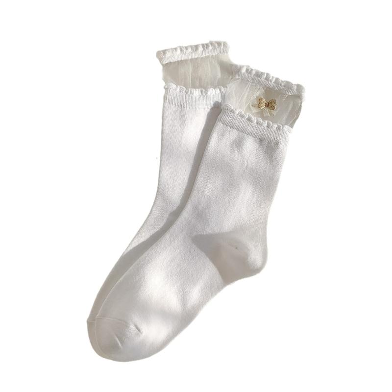 Women Calf Socks Ruffle Turn-Cuffs Spring Summer Crew Socks Lolitas Loose Socks Cute Bowknot Middle Tube Socks Gift One Size белый