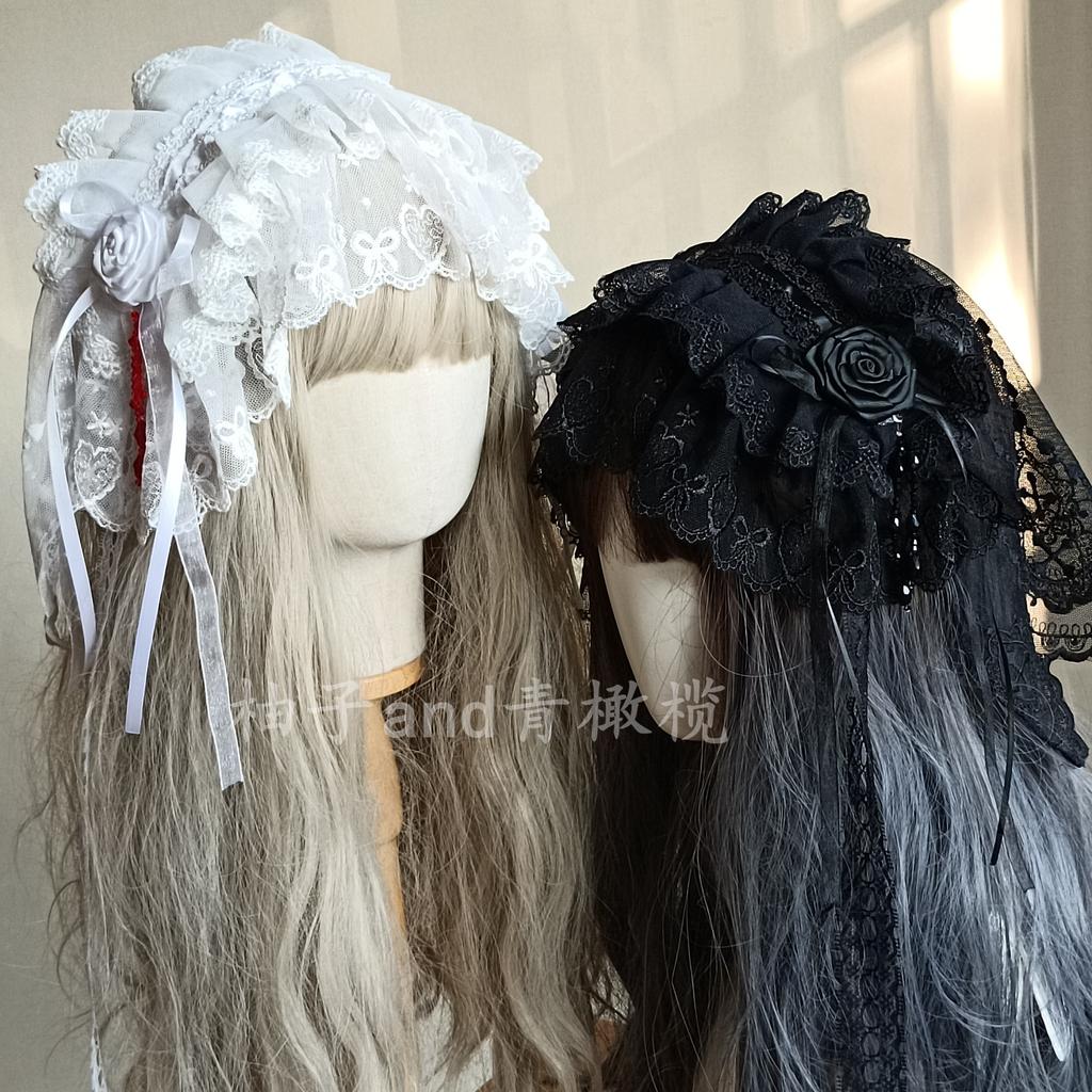 Black and white goth high quality veil lolita headband rose dark veil subculture headdress