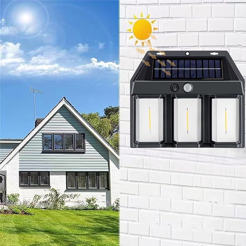 

YZYOE 3 LED outdoor solar induction warm light wall lamp, 3 modes adjustable garden lamp, Wireless motion sensor searchlight IP from twilight to dawn