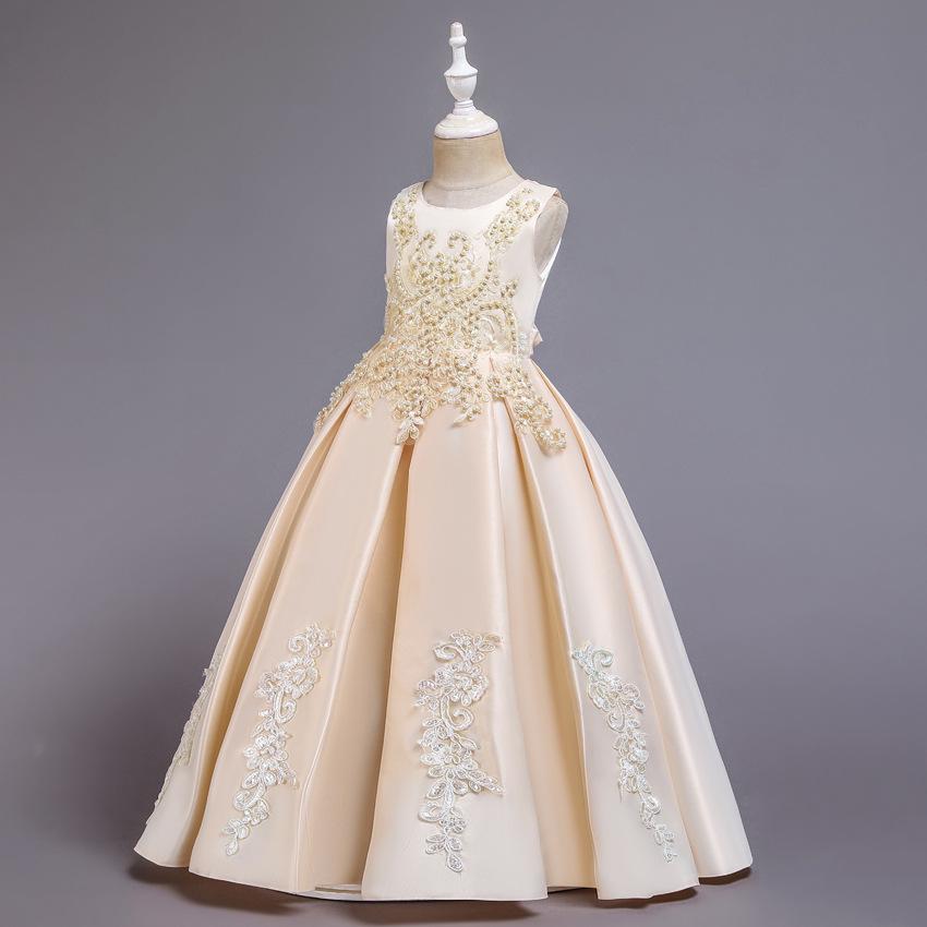 High-end långklänning för flickor Spets Nagel- och pärlklänning Bankett Princess Dress Host Dress