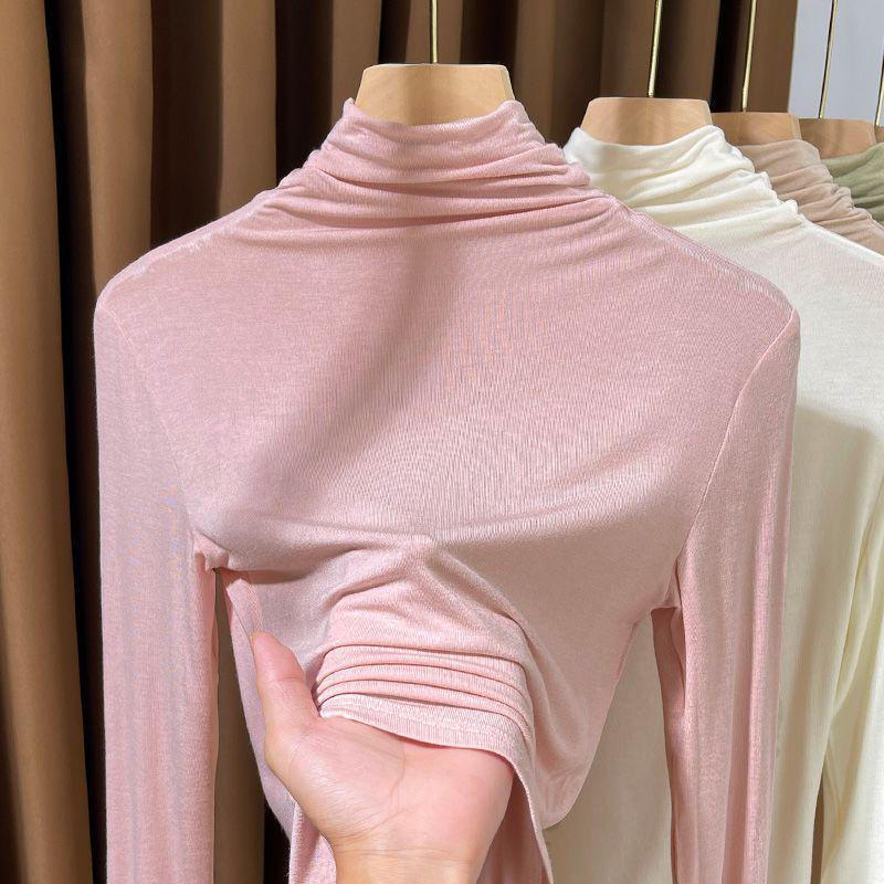 Modal High-Neck Base Layer Top for Women, Spring/Autumn, Tight-Fit, Long Sleeve, Mask T-Shirt, Thin Outerwear