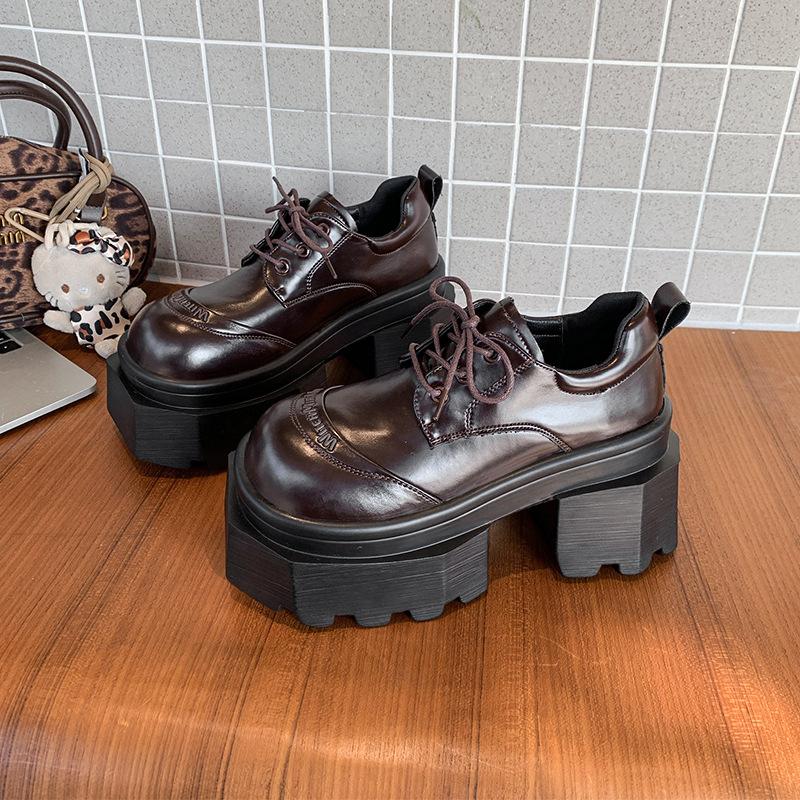 Thick-soled Small Loafer Single Shoes Women's 2025 Spring Lace-up Thick-soled Muffin British Style Small Leather Shoes Thick-heeled Single Shoes