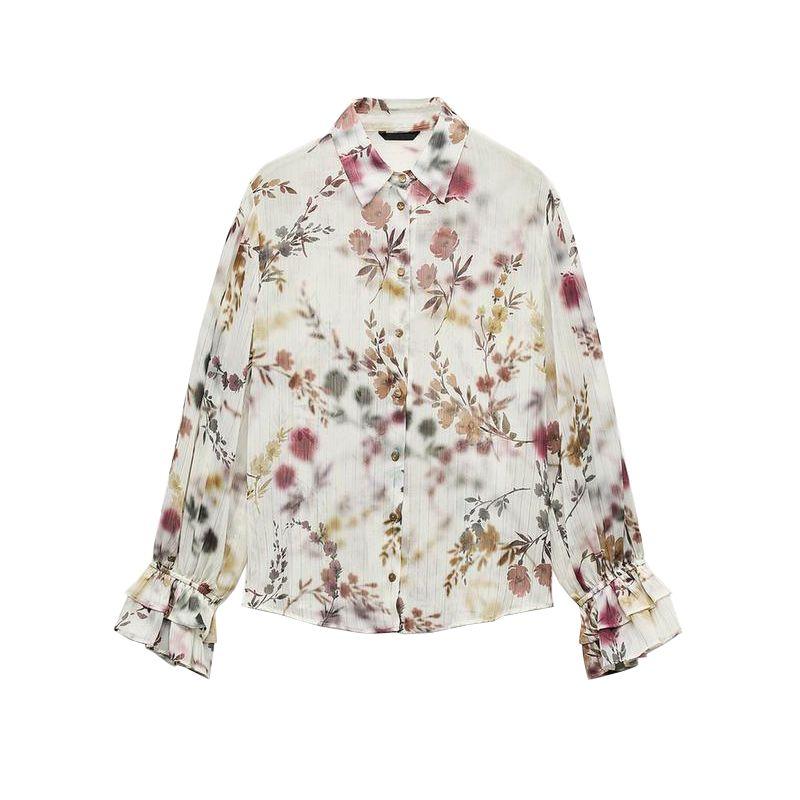 Spring New Women's Clothing Retro Style Metal Color Thread Print Fashion Lapel Long Sleeve Shirt 2522142