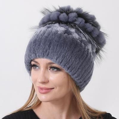 Luxury Real Fur Winter Hat for Women Knitted Rex Rabbit and Fox Fur Cap Floral Snow Fashion Stylish Fur Hats