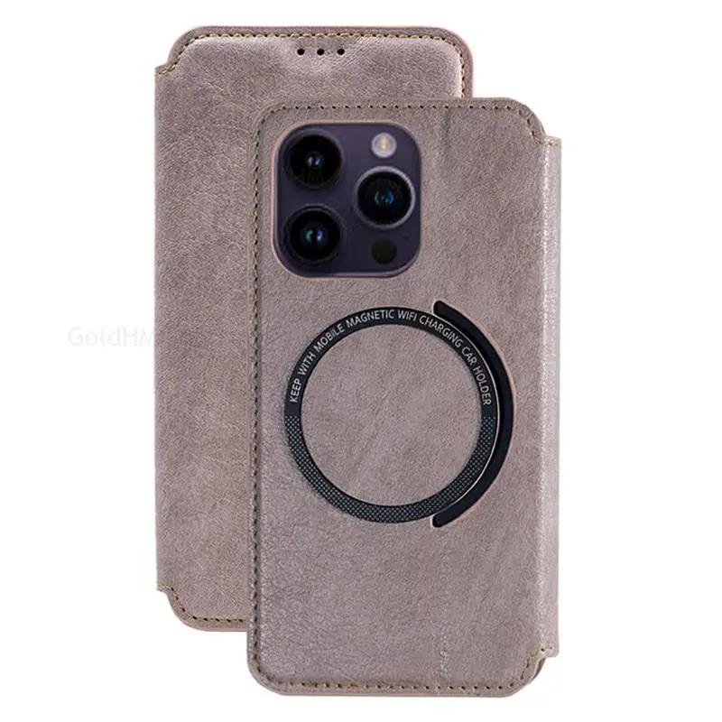 

Для Magsafe Leather Phone Flip Case For iPhone 15 Pro Max Магнітний чохол Magsafing для Apple 13 12 11 14 Pro 15 Plus Card Wallet Book Stand Phone Cover For iPhone 11 рожевий колір золота