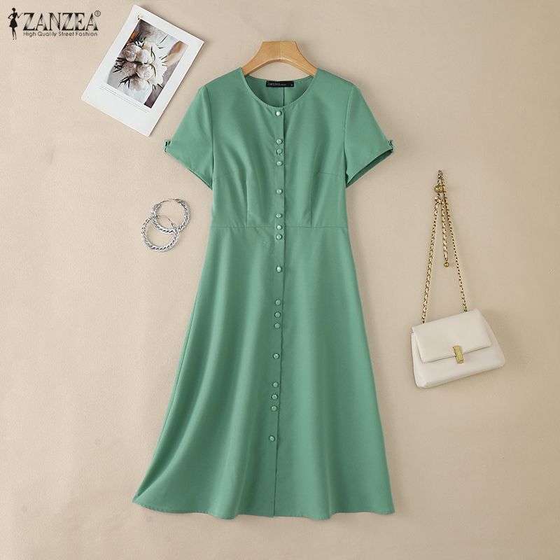 ZANZEA Women Casual Round Neck Summer Short Sleeve Dress