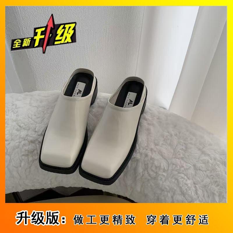 One-pedal Single Thick Heel Muller Bag Head Half Slippers 2025 French British Square Head Thick Heel Without Heel Small Leather Shoes Women
