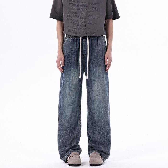 Three-bar Jeans with Loose Draping Style High Street Mopping Trousers