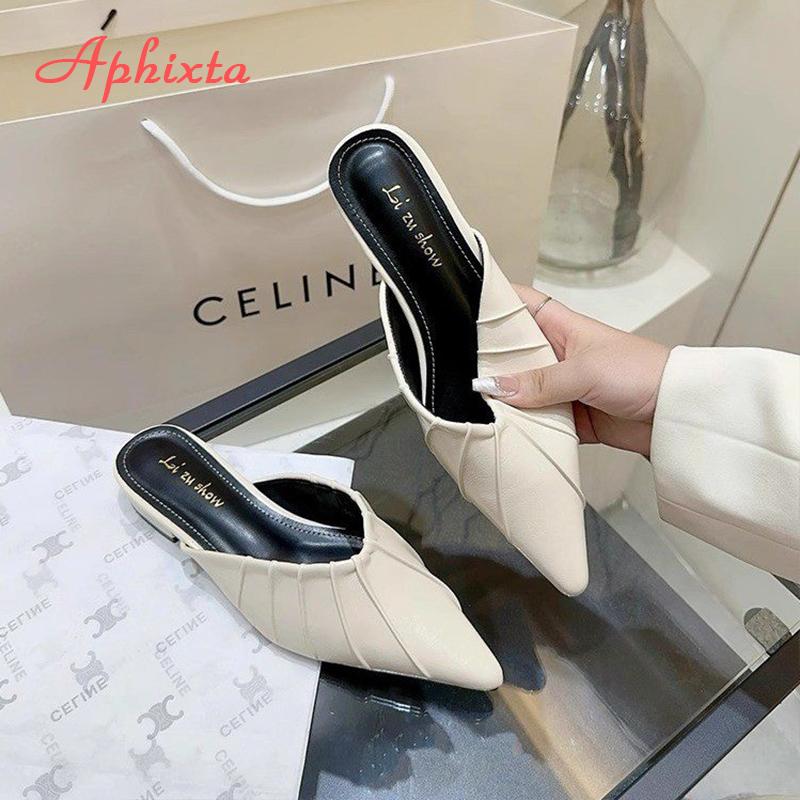 Aphixta High Heels Elegant Women Slides Pointed Toe Shallow Summer Dress Slides Sexy Pleated Design Patent Leather Slipper Shoe