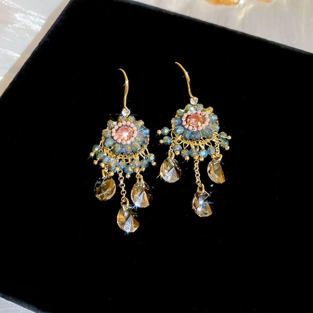 Flower Rhinestone Drop Earrings Pendant Vintage Long Earrings Trendy Crystal Stud Earrings  Party