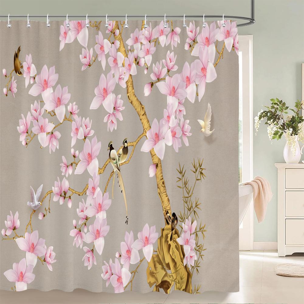 Shower Curtain Chinese Style Flower and Bird Waterproof Bathroom Curtain landscape Partition Curtain Bath Curtains With Hooks