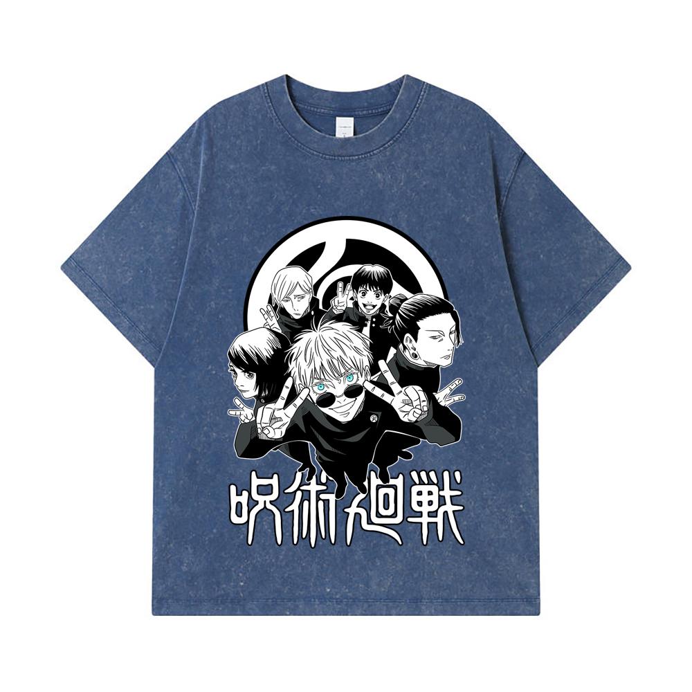 

275 GSM Washed T-shirts 100% Cotton Jujutsu Kaisen V30 Team Gojo Print Unisex Heavy Cotton T Shirt 2XL королівський синій колір