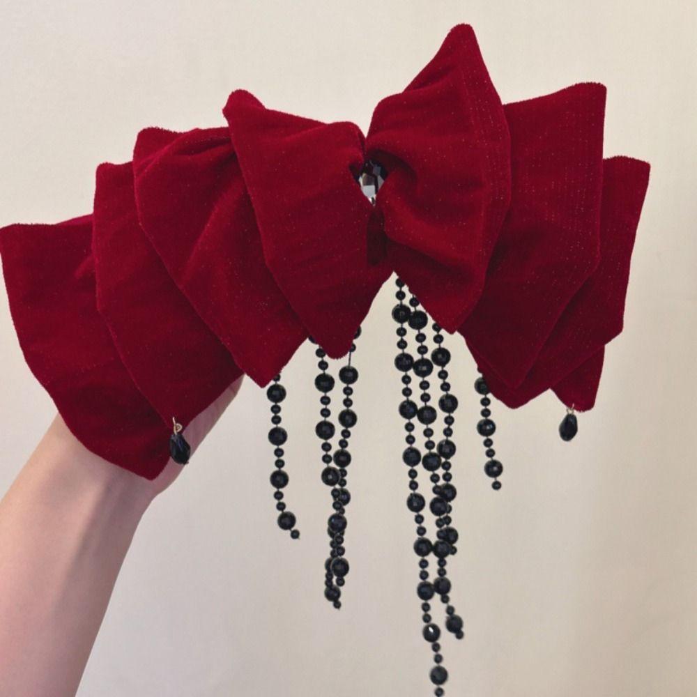 Beads Velvet Bow Hair Clip Cloth New Year Headwear Sweet Red Hairpin Girls
