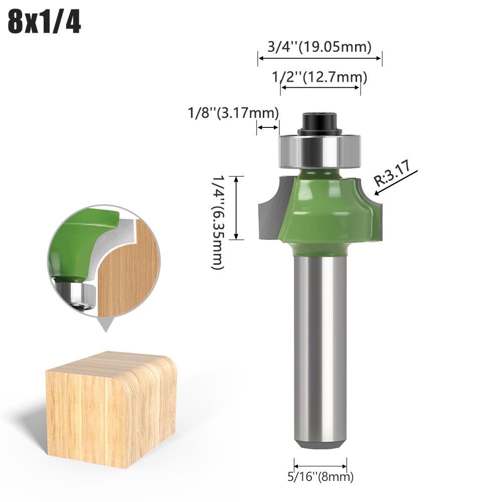 

8mm Shank 6-Piece Round Over Router Bit Set - Tungsten Carbide Edge Profiling Cutters for Smooth Wood Edging (Multiple Radii) 8x1-4