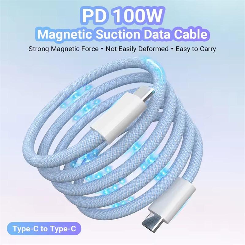 PD 100W Magnetic Suction USB C To USB C Cable 100W PD 3.1 Fast Charging Charger Nylon Braided Wire for iPhone17/16/15 Ipad Xiaomi