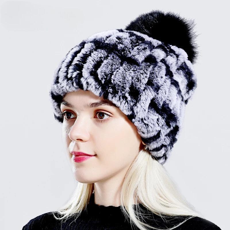 Winter Fur Hats for Ladys Women's Rex Rabbit Fur Caps Beanies Solid Elastic Winter Fashion Accessories Fox Fur Pompom Hat
