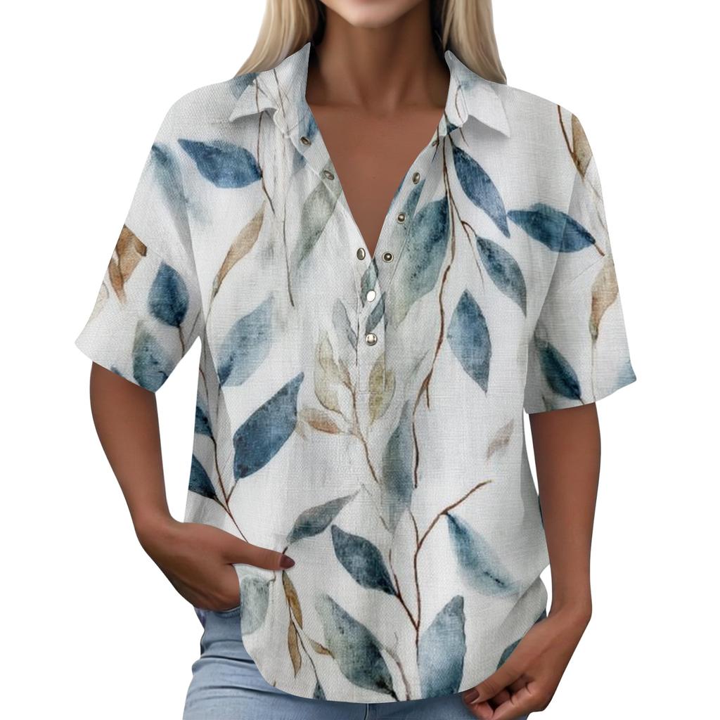 Women Turn Down Collar Button Up Retro Floral Print Imitation Cotton Linen Loose Fit Short Sleeve T Shirt Top for Daily Wear