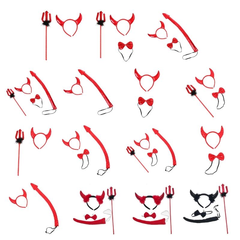 Halloween Devil Costume Kits Including Horn Headband Bowtie Tail Demons Dress Up Outfit Halloween Cosplays Party Props