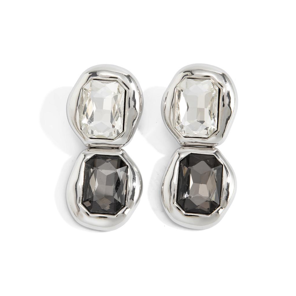 18K Silver Plated Two Tone Crystal Pendant Earrings, Stainless Steel Large Gemstone Declaration Earrings, Women's Modern Jewelry