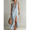 Women's Turn Down Collar Sleeveless Slim Fit Striped Maxi Dress Side Split Long Dress For Beach Casual Daily Wear