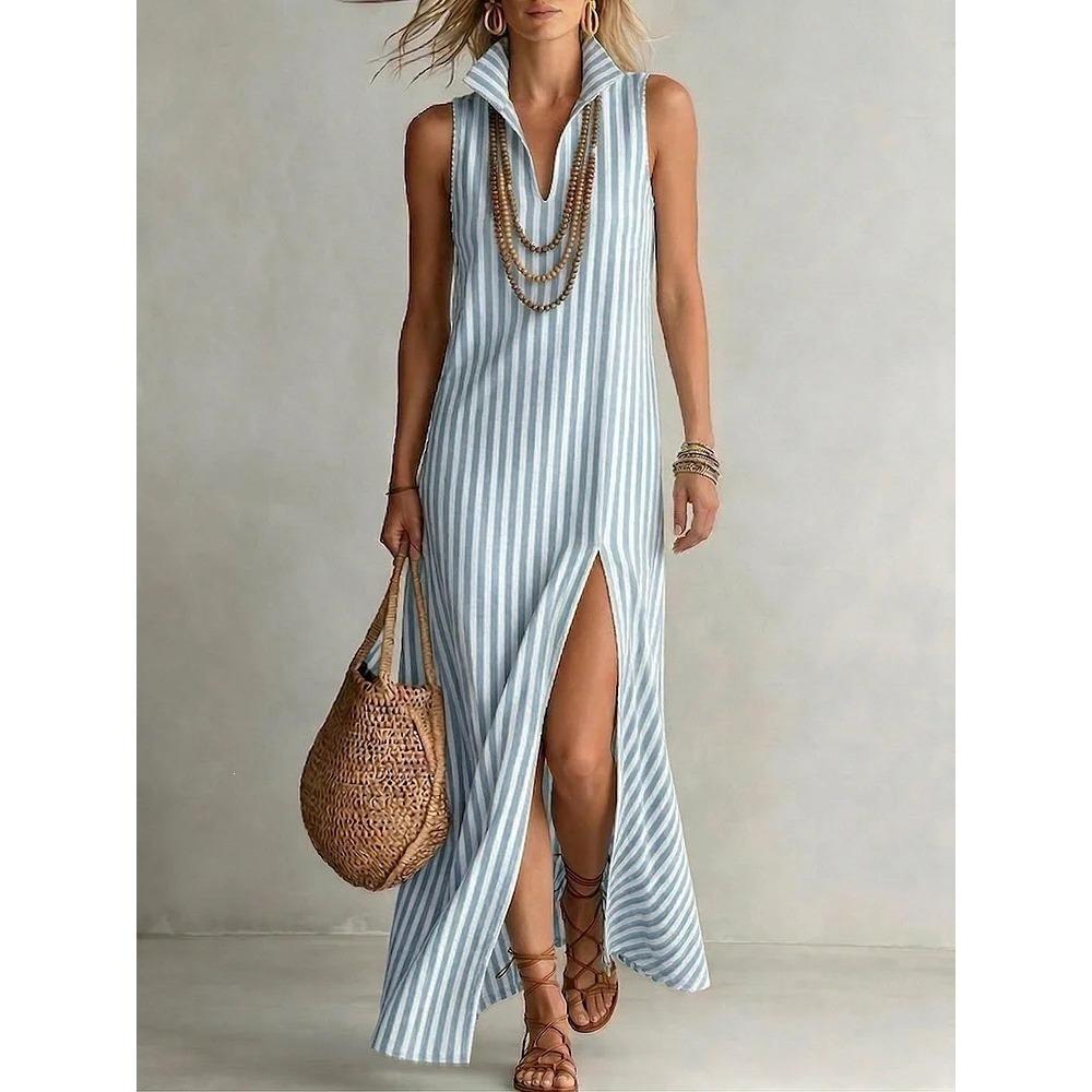 Women's Turn Down Collar Sleeveless Slim Fit Striped Maxi Dress Side Split Long Dress For Beach Casual Daily Wear