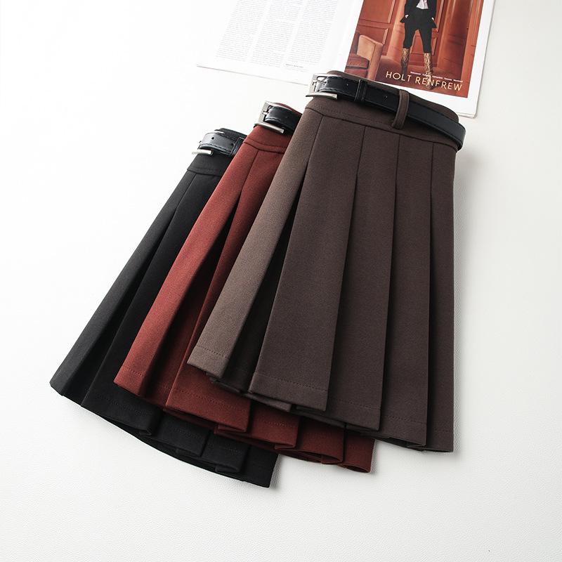 Women's Khaki High-Waisted A-Line Pleated Midi Skirt - 2024 Autumn/Winter Collection